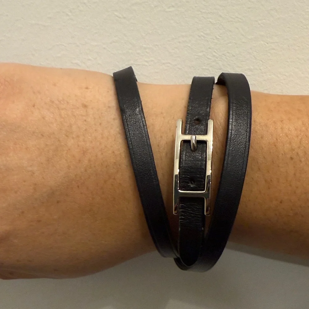 Hermes Black Leather Wrap Bracelet or choker with Silver Clasp
